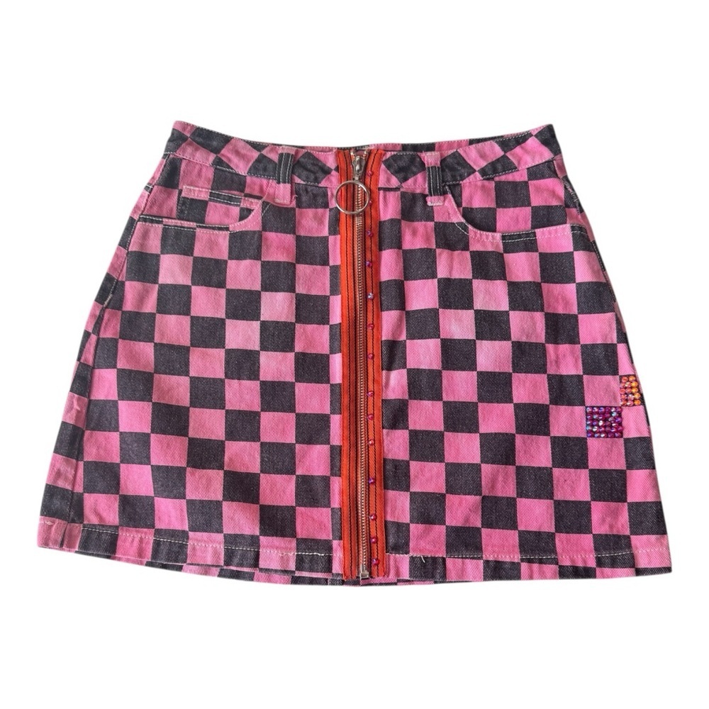 Y2K Pink Checkerboard Denim Mini Skirt Ring Zip Punk Indie Sleaze Street Style - Picture 2 of 11